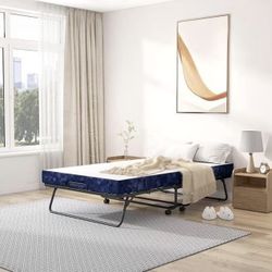 Folding Bed with Mattress for Adults, Portable Twin Size Rollaway Guests Bed Fold up Bed Frame with Memory Foam Mattress, Space-Saving Foldable Bed St