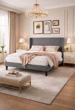 King bed Velvet Bed Frame/Vertical Channel Tufted Wingback Headboard/Upholstered Platform Bed/Strong Wooden Slats/No Box Spring Needed/Easy Assembly