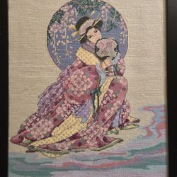 Framed Geisha Cross Stitch Needle Point Art 