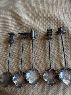 Vintage Japanese Sterling Silver Bamboo Shape Handled Demitasse Spoon Set of 5.