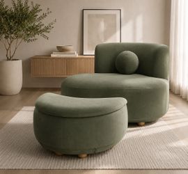 Modern Velvet Chaise & Storage Ottoman, Olive
