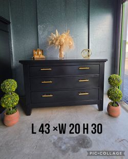 Black Dresser with 3 drawers refinished black and gold pulls all wood