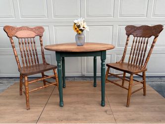 solid Wood Round Refinished Dining Table with 2 Vintage Press-Back Chairs