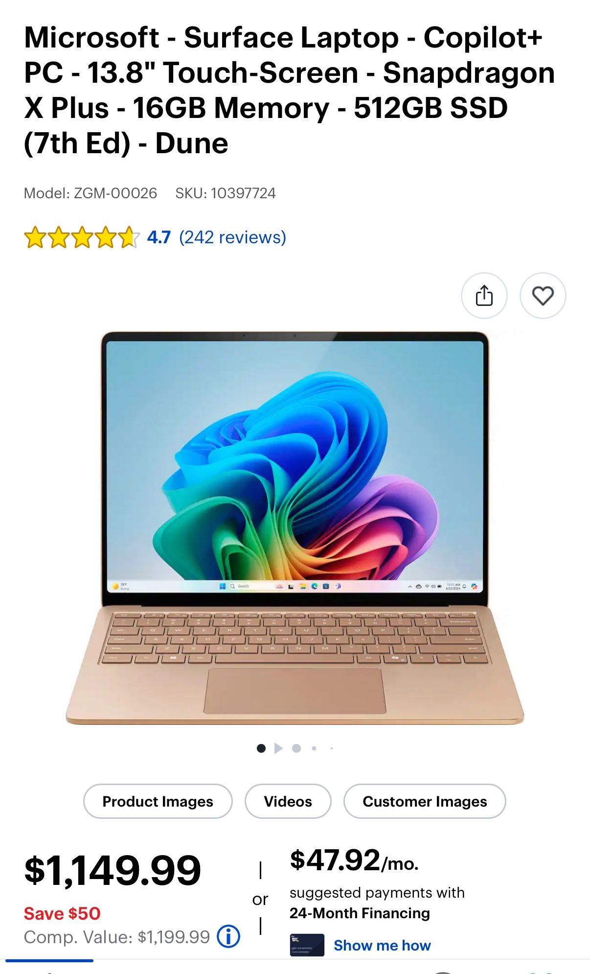 Microsoft- surface Laptop Copilot+ PC 13.8” Touch-screen Snap Dragon X Plus 16GB Memory 512GB SSD 7th Edition -Dune
