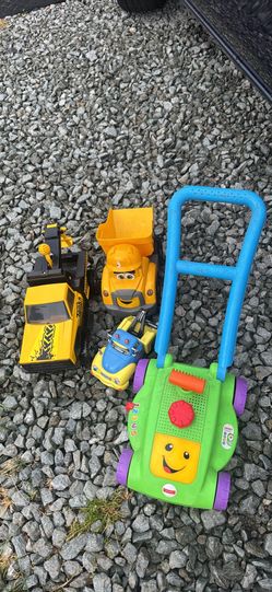Kids toy lot cars tow trucks and push lawnmower all new!