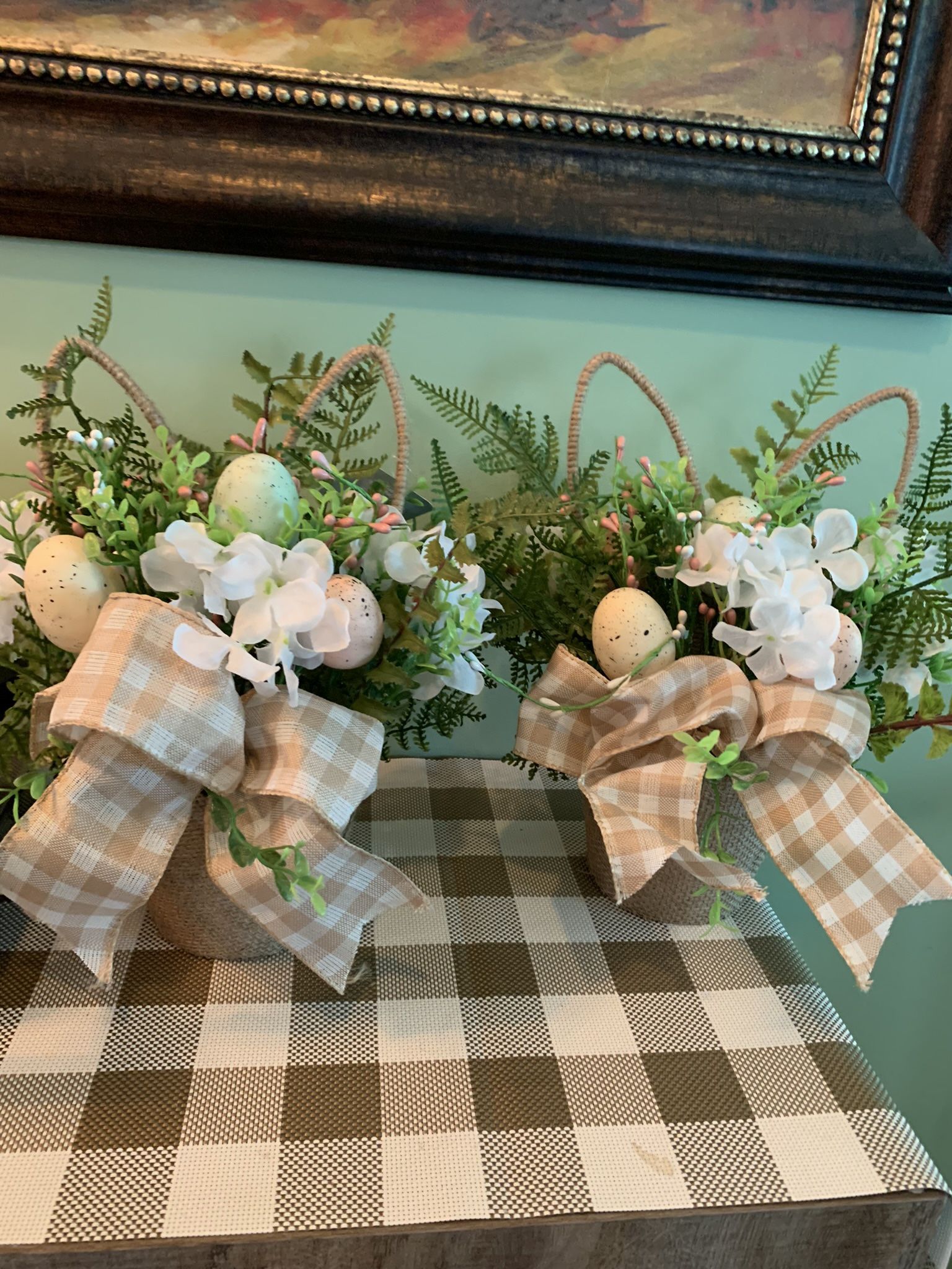 Burlap Wrapped Pots & Bunny Ears, Flowers, Eggs, Table Decoration W/ Easter Eggs & Ribbon