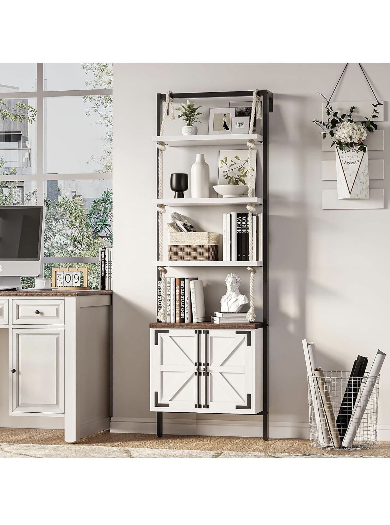 Farmhouse Bookshelf with Cabinet – Modern Rustic Style