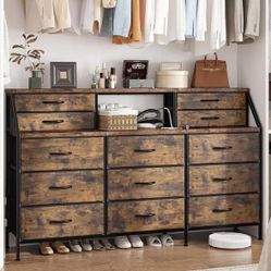 13 Fabric Drawers and 2 Open Shelves, Long Dresser for Girls Bedroom & Closet,Metal Frame & Wooden Top, Rustic Brown