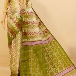 Brand New Beautiful White, Olive Green & Mauve Bengal Handloom Cotton Jamdani Saree