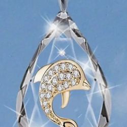 Beautiful  Brand New “24 KT Gold “Dolphin Set In A Glass  Pendant Set On A 925 Sterling Silver  Chain Necklace 