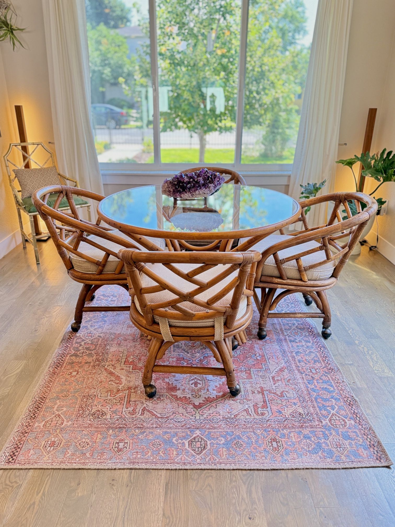 Vintage Rattan & Glass Dining Set – Tropical Mid-Mod Revival