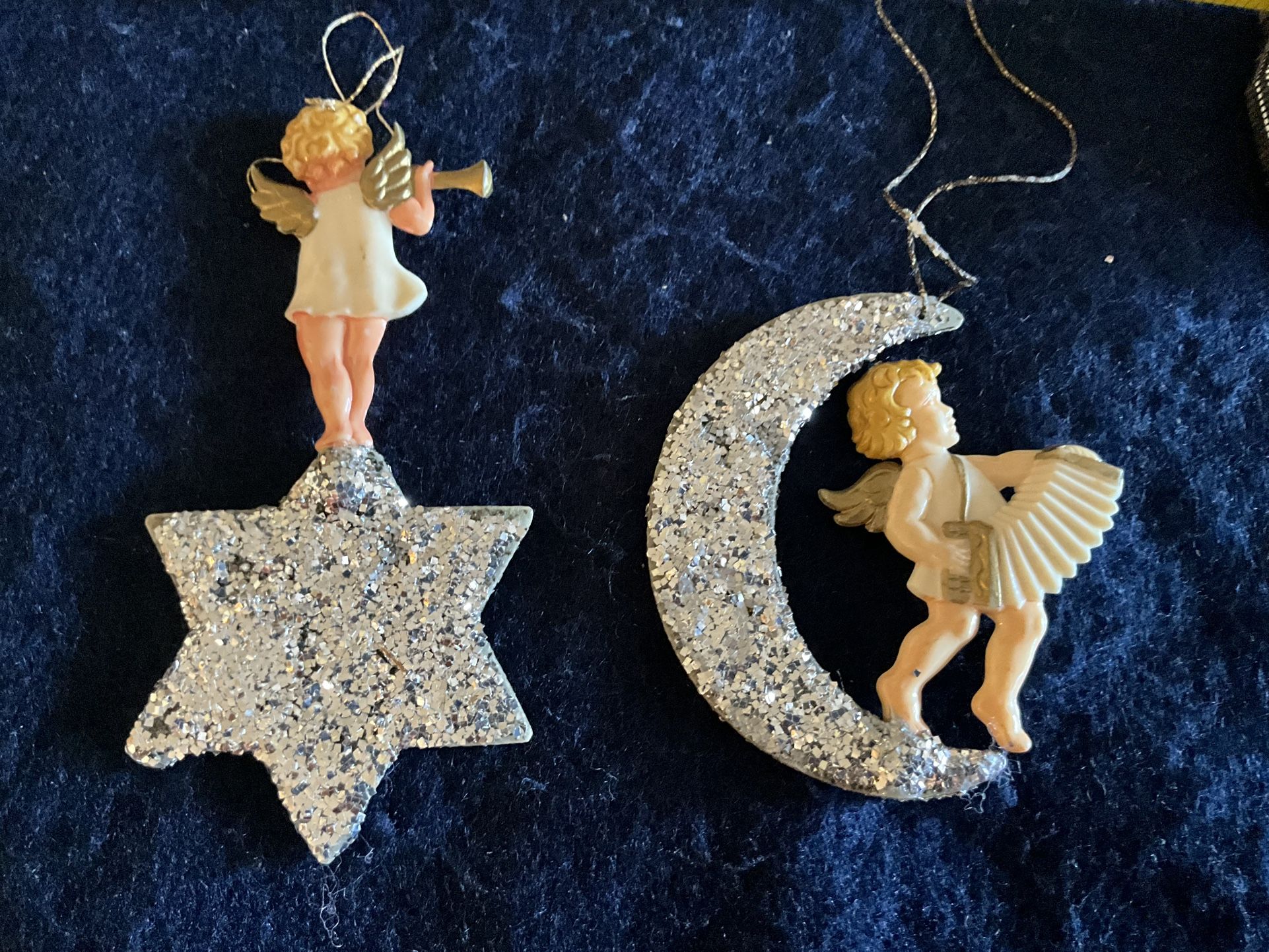 Two vintage celluloid, Mica glitter Christmas angel ornaments