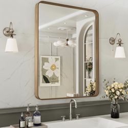22X30 Inch Bathroom Mirror with Wood Grain Colored Metal Frame, Rounded Rectangle Metal Framed Bathroom Mirror, Anti-Rust, Hangs Horizontally or Verti