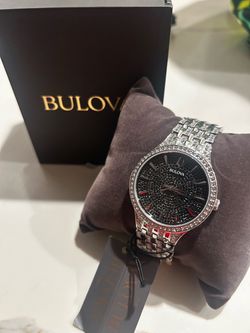 Bulova Phantom Crystal Watch Silver Tone Black Dial 96A227