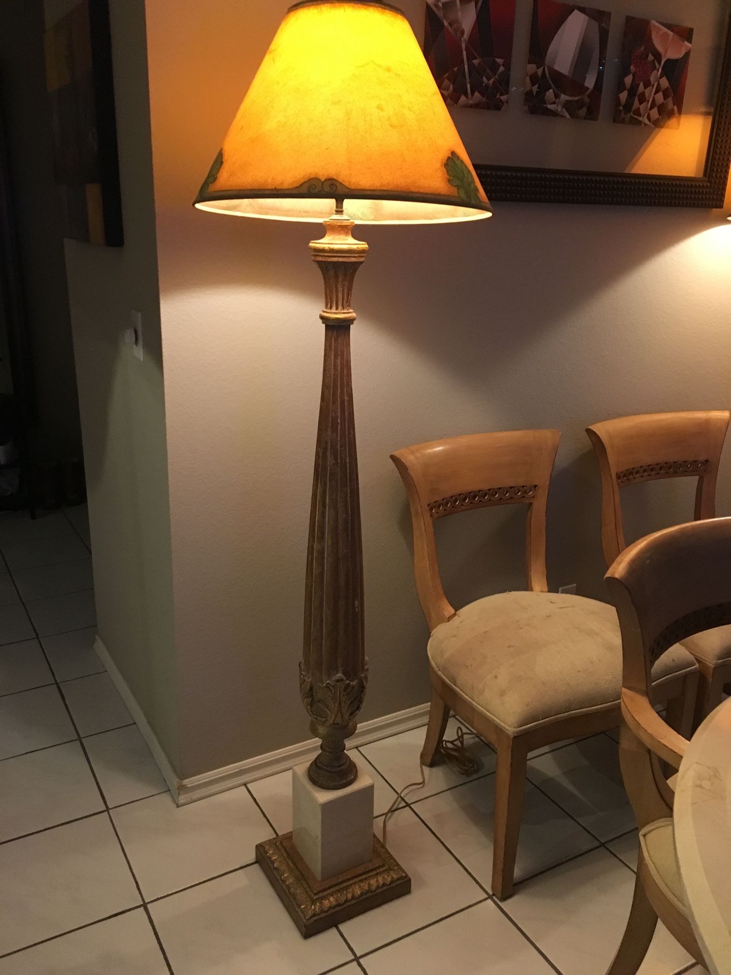 Kreiss furniture set. Travertine table, 6 chairs, and matching lamps