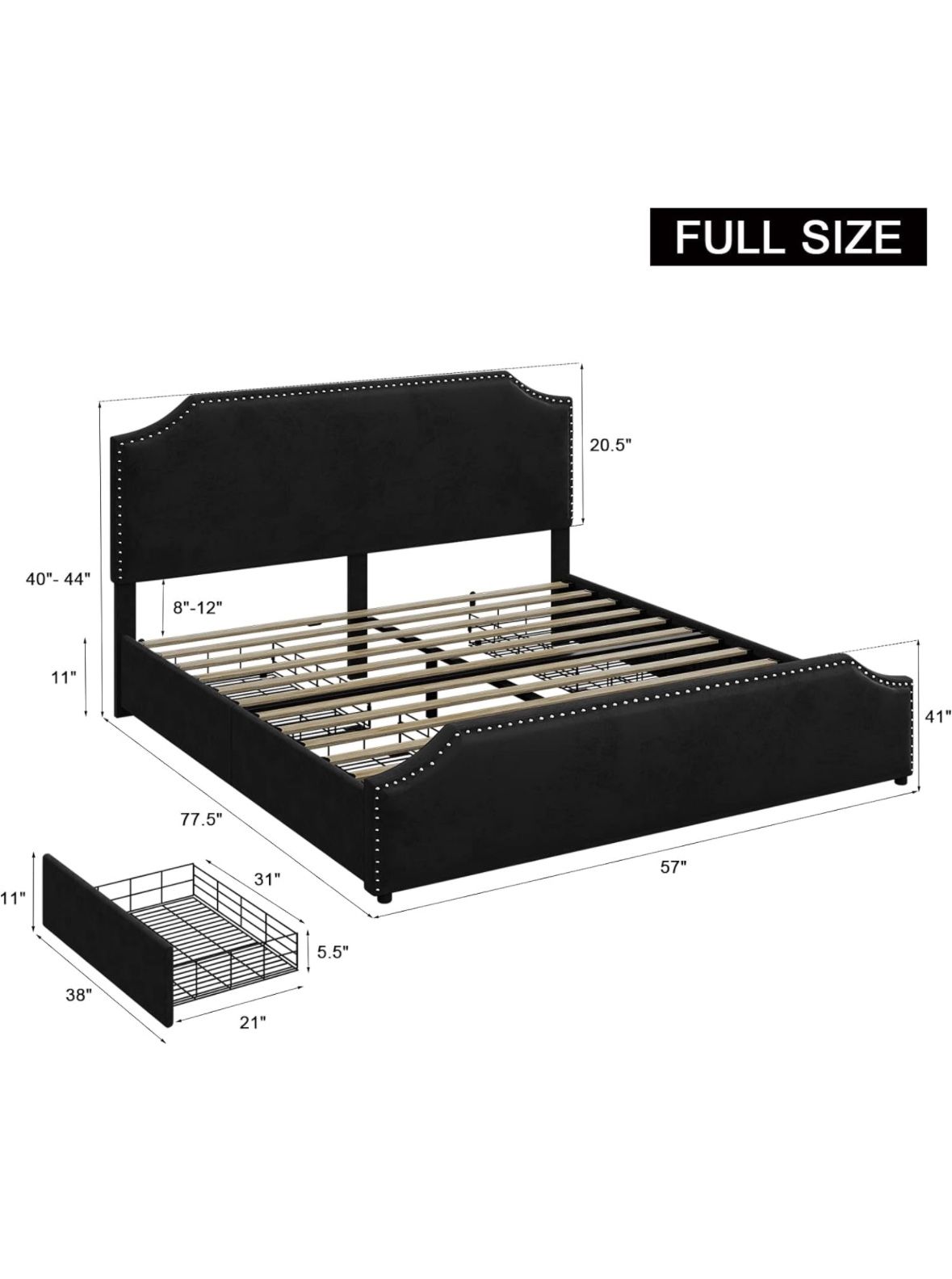 Black Full Size Bed Frame with 4 Storage Drawers and Headboard, Full Velvet Upholstered Platform Bed