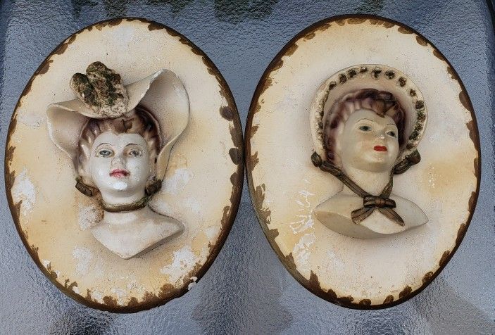 Vintage Antique Pair Victorian Woman Bonnet Hat Plaster Ceramic Wall Hangings