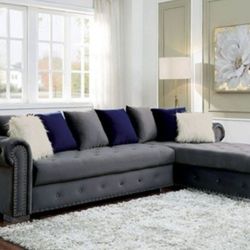 Brand New Glam Gray Velvet Luxury Sectional Sofa Pillows Included