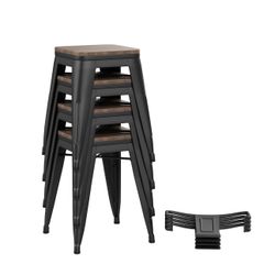 18”H Metal Chair With Wooden Top and Lower Back, Stackable Stools
