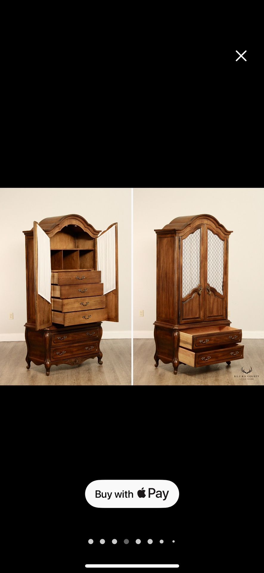 Hickory Pair of Tall French Armoires with a Desk/Vanity between for