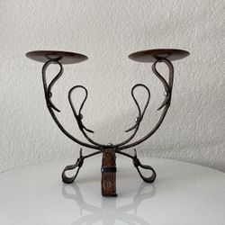 Rustic Metal Candle Holder Leather Cowboy Rustic 