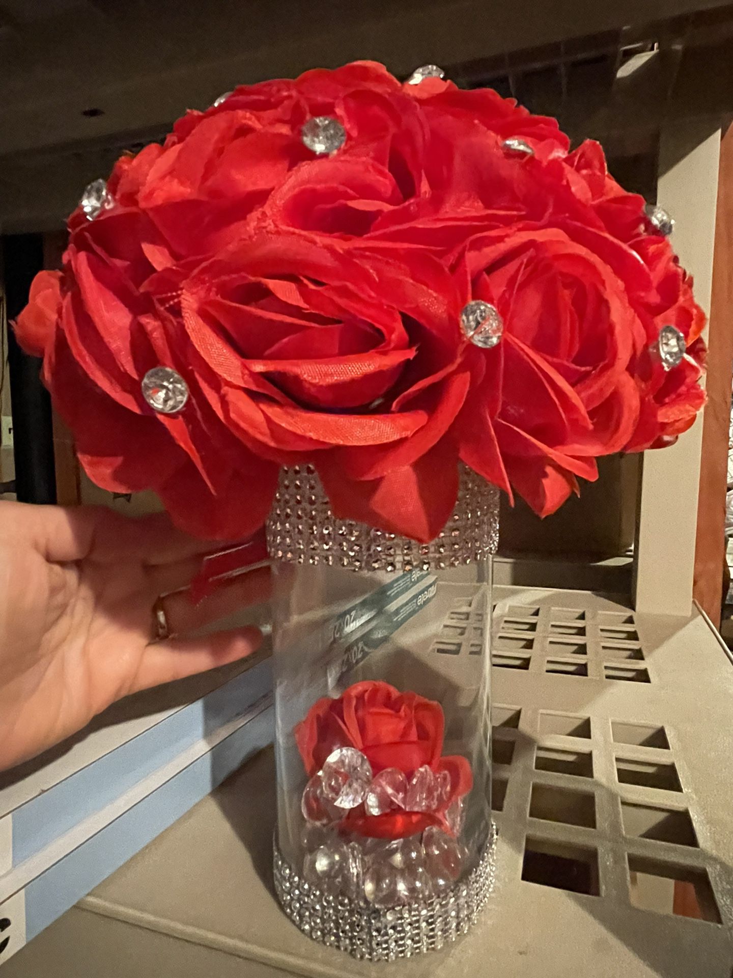 Centerpiece  Floral Red & Crystal & Silver Centerpiece 12” Tall For Party 