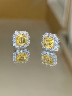 New Lady Princess Cut Yellow Zircon Halo Silver Tone Stud Earrings