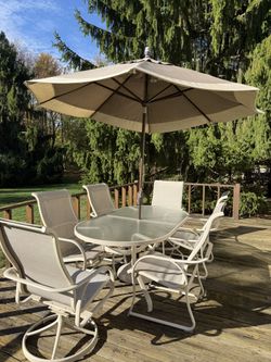 Patio Table with umbrella And Six Chairs