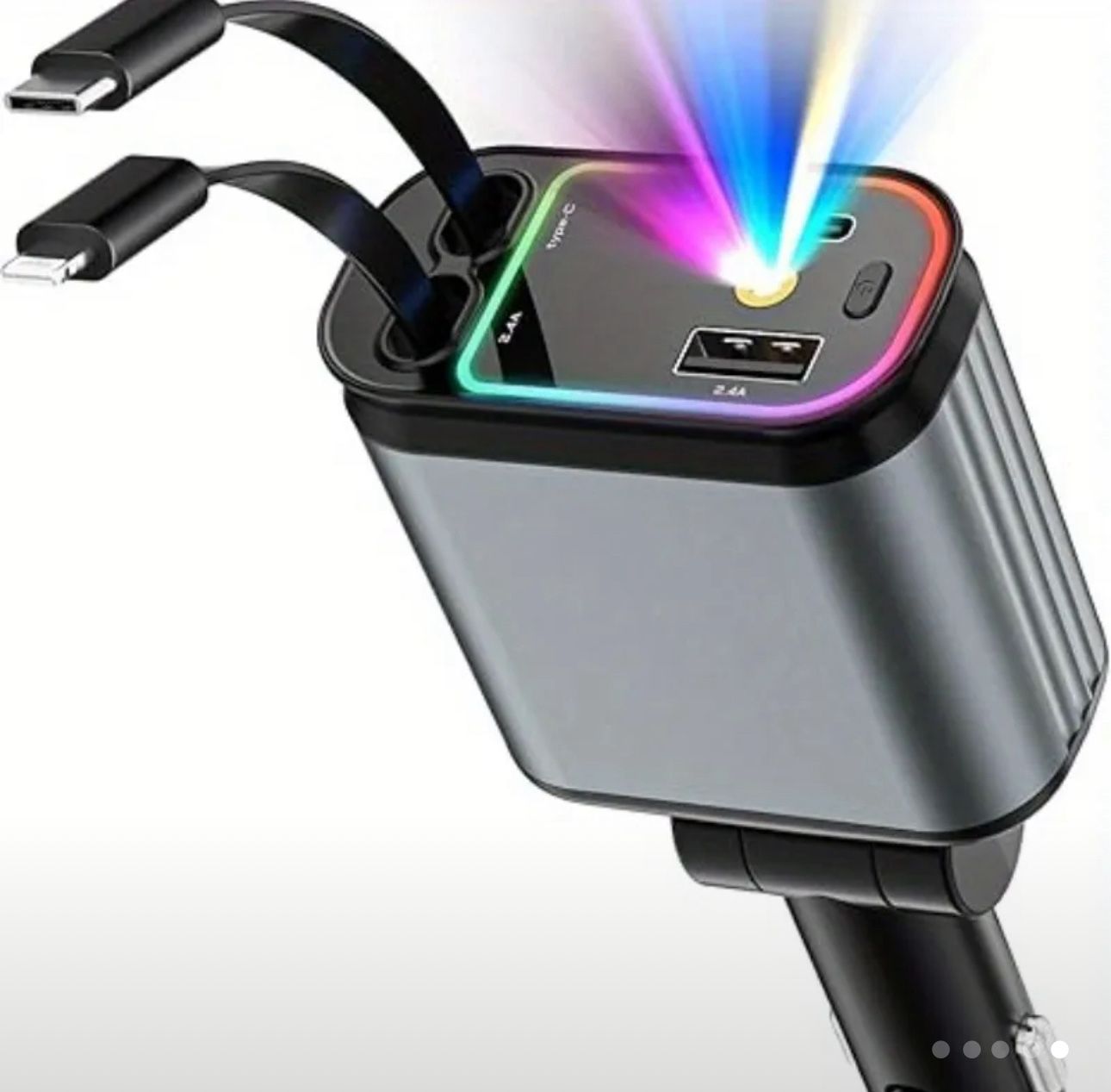 4 in 1 Retractable Fast Car Charger with Starlight 66W USB C for iPhone &Android