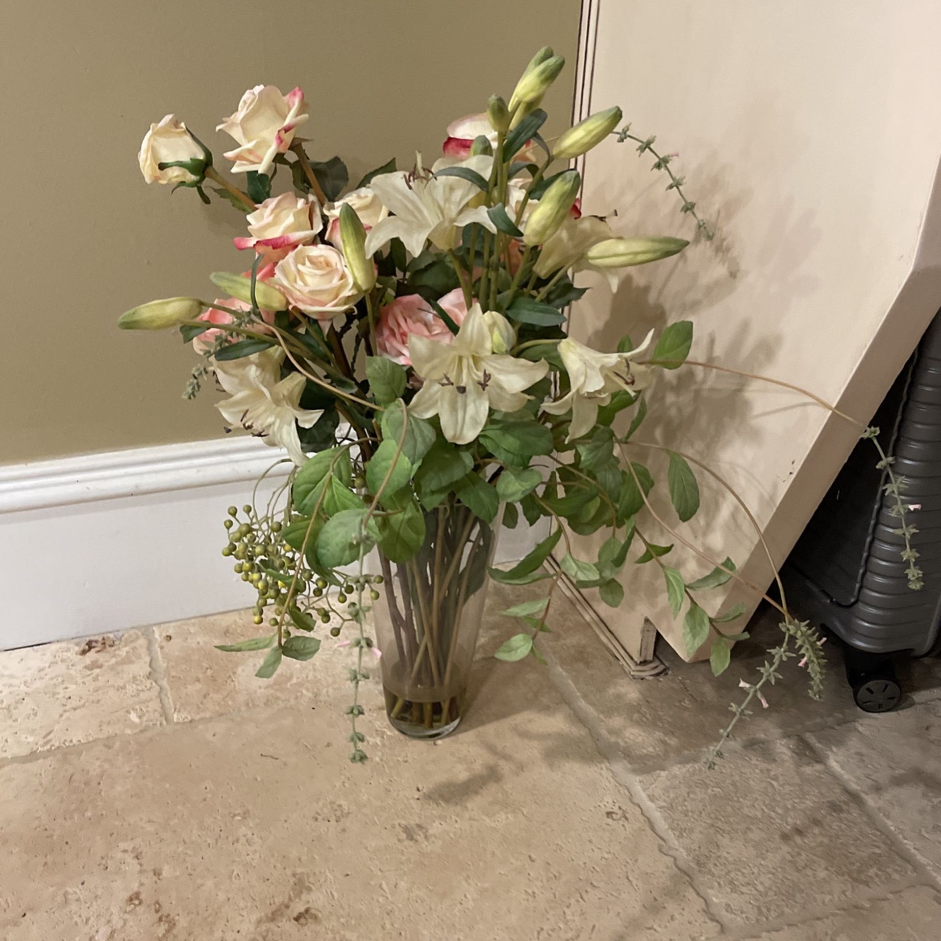 Fake Flowers In Glass Vase