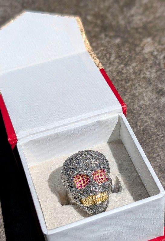 Custom Skull Ring 9.25 Silver With Rubies And Diamonds