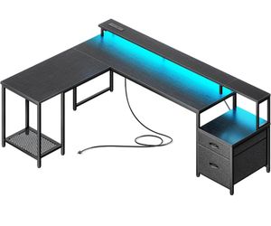 Gaming Desk with LED Lights & Power Outlets