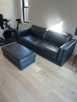 Black Leather Sofa with Ottoman