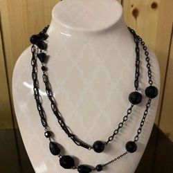 All Black Chain Linked & Beaded Necklace