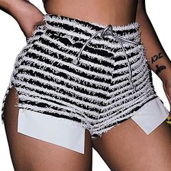 Black & White Striped Fringe Shorts – Size Small