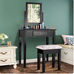 Giantex Vanity Dressing Table & Padded Stool Set Rotating Mirror, Jewelry Drawer, Black — NEW