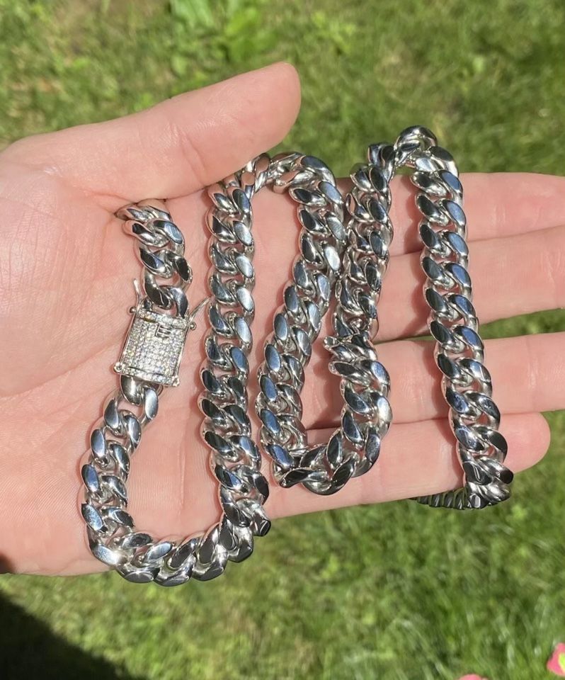 Cz Diamond Miami Cubian an Chain Stamp 14k Gold Plated 5X Layered steel choker Non Rust or Neck Green 10mm Thick 24Inch
