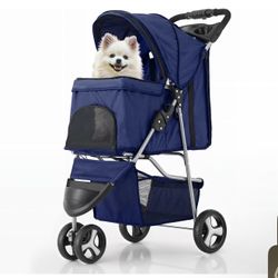 3 Wheels Pet Stroller, Foldable Dog Cat Cage Jogger Stroller with Weather Cover for All-Season, Storage Basket and Cup Holder, Breathable and Visible 