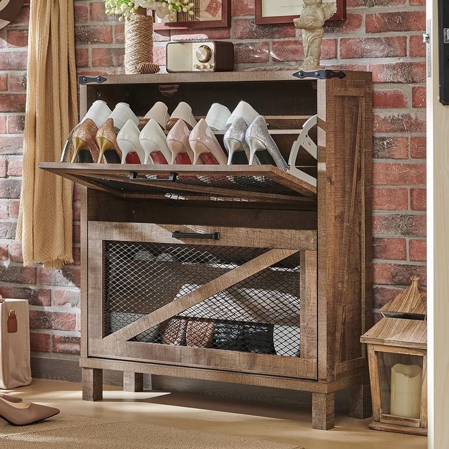 Shoe Cabinet with 2 Flip Drawers, Farmhouse Shoe Storage Cabinet with Mesh Doors and Adjustable Shelves, Rustic Wooden Shoe Organizer, Small 
