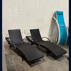 ON SALE!! Assembled 80” Work Outdoor Wicker Chaise Lounge Chairs Set Of 2. With Pull-Out Side Table. 