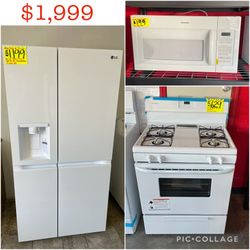 New LG Refrigerators , Frigidaire Gas Stove & Hotpoint Over The Range Microwave 