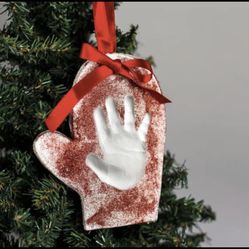 Christmas Mitten Shaped Baby’s Print Ornament New tiny ideas Red Glitter Holiday