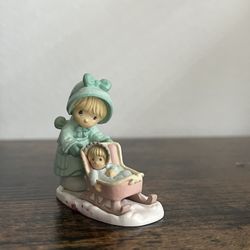 Vintage 1989 Precious Moments Calendar Girl  "January" Girl with Baby Carriage 