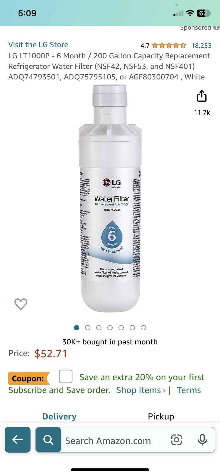 New LG Refrigerator Water Filter LT1000P/PC/PCS