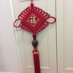 Large Red Handmade Chinese Knots And With Exquisite Peach Wood Carving 