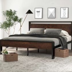 King Platform Bed Frame w/ Wood Panel Headboard – Modern Style