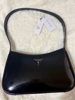 GUESS Black Patent Shoulder Bag with Logo Plaque