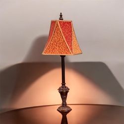 Beautiful Tapestry Shaded Lamp With Lion Heads At Metal Post 