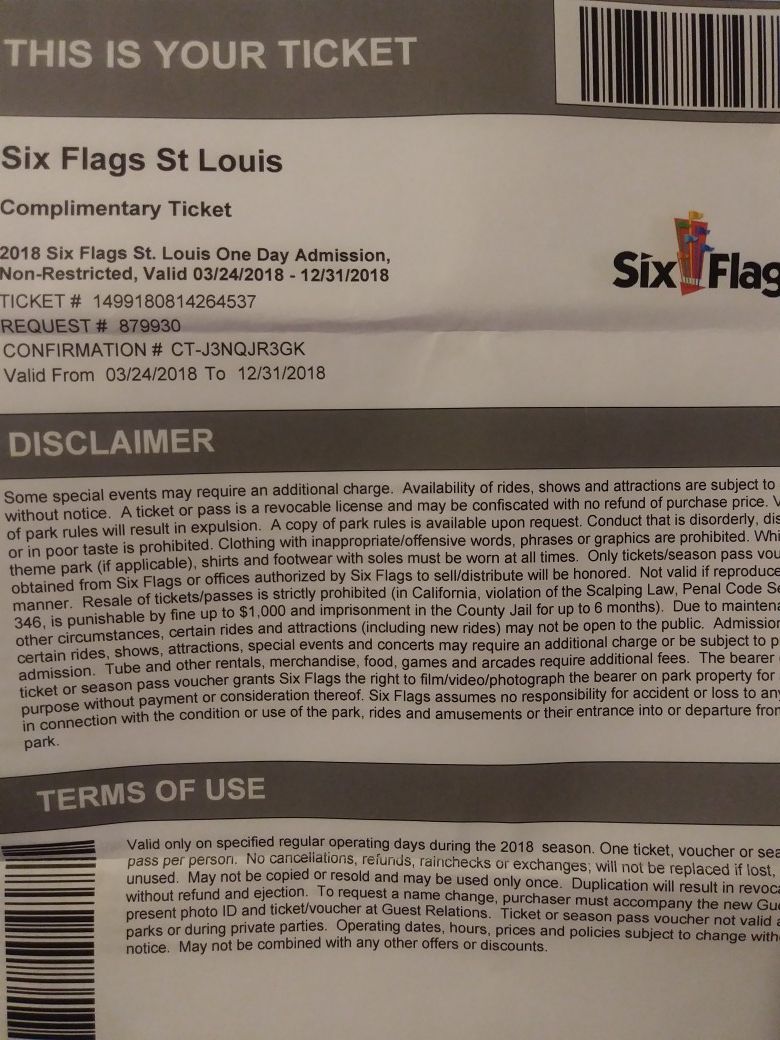 2018 ..4 Sixflags one day passes