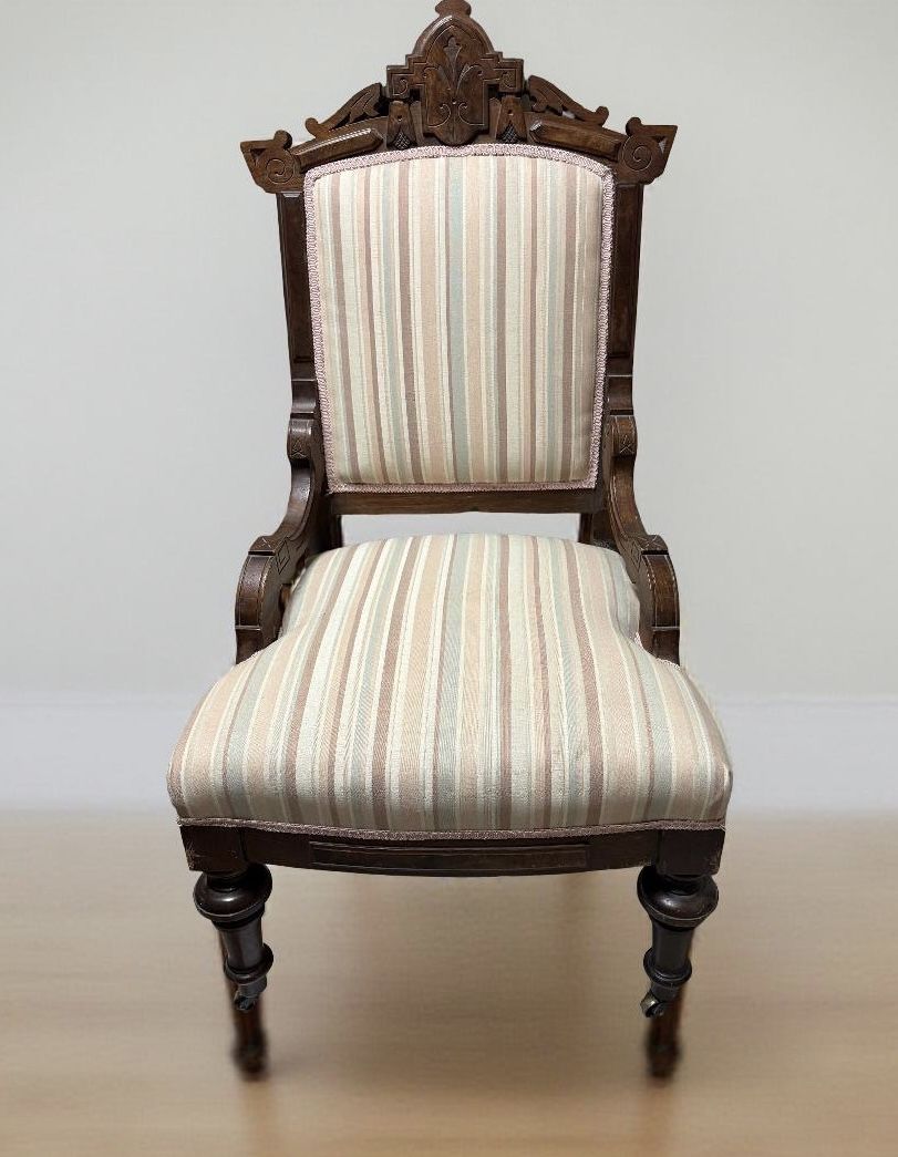 A Gorgeous Antique Victorian Eastlake Throne Like Stripped Upholstered Walnut Armchair Flat Clenched Fist Arms w/ Intricate Wood Details